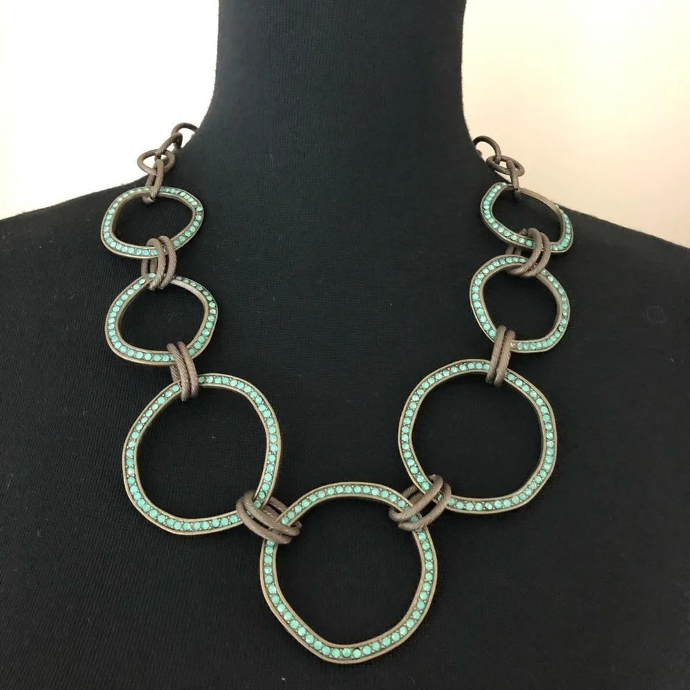 Sweet Lola Bronze Chain Link Necklace Aqua‎ Crystal